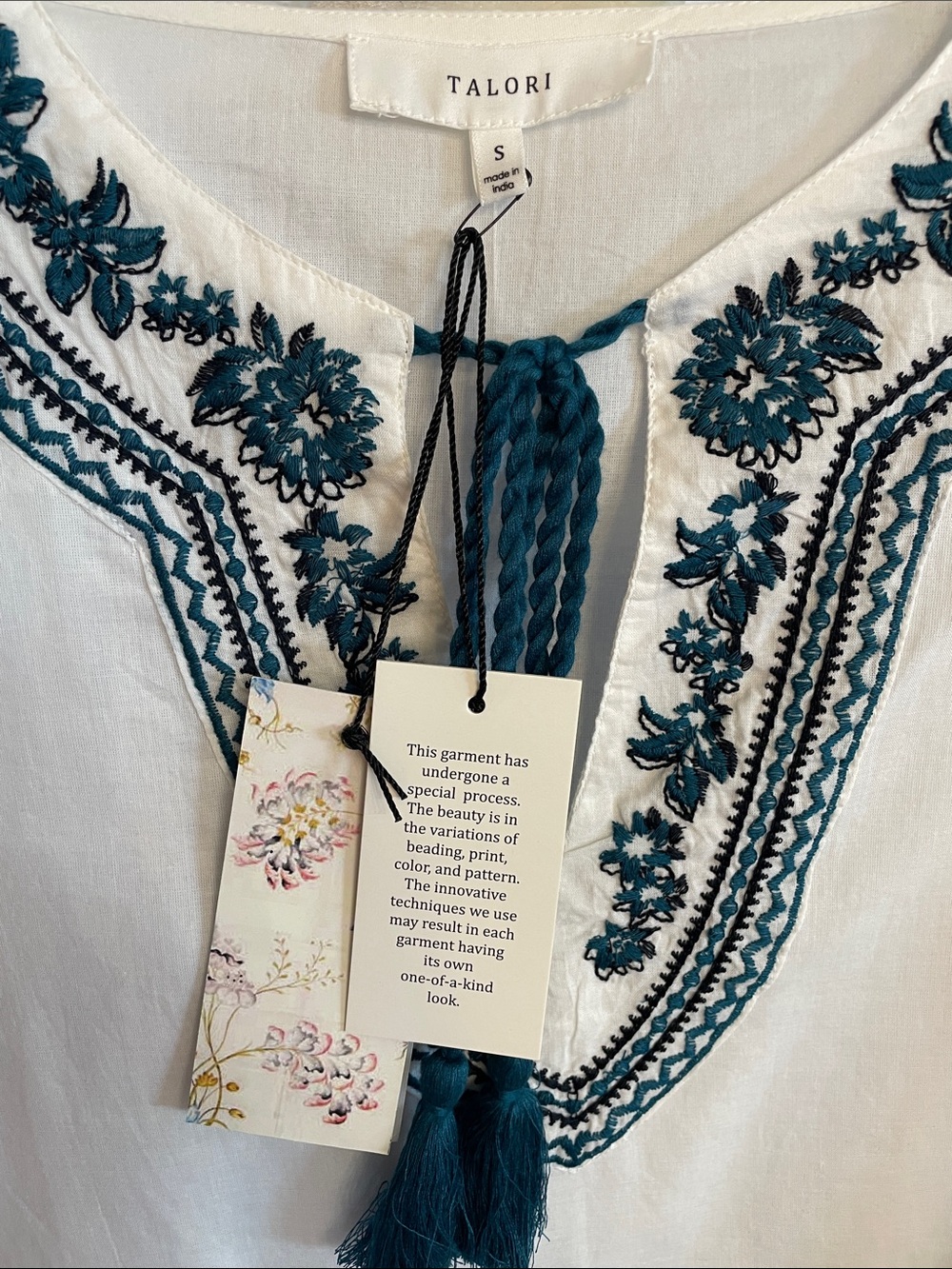 Talori-Boho Tunic Top with Blue Embroidery and Tassel Tie multiple sizes - Picture 4 of 7